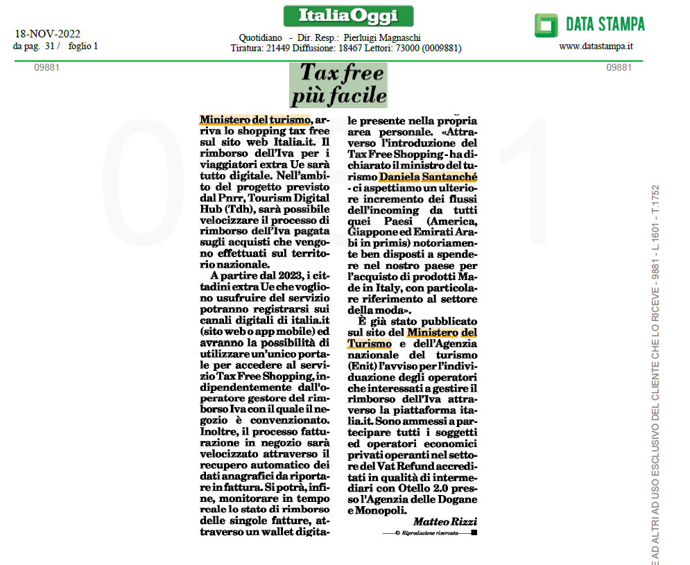 Ministro Santanchè: “Con introduzione tax free, incremento flussi incoming”